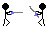 Animated contact sheet of a fencing-themed icon showing stick figure animations and repeated text elements across 17 frames arranged in a 5x4 grid with one empty cell.