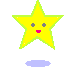 Yellow star-shaped character with green outline, pink mouth and gray eyes in static pose above light blue cloud; same character with red mouth and closed eyes in tilted pose above identical cloud.