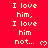 Red background with repeated yellow text "I love him, I love him not..." and small heart symbols in a pattern