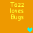 Yellow pixelated text 'Tazz loves Bugs' on orange background with three heart icons in cyan, green, and light green.
