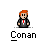 A 4x3 contact sheet of pixel art frames showing a cartoon character named Conan and various animation sequences including text bubbles, stacked figures, and crescent shapes.