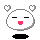 Pixelated white circular head with closed eyes and pink mouth, two white hearts above, black oval shape below on gray background.