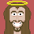 Pixel art of a figure with long brown hair and beard, showing sequential facial expressions including smiling, neutral, open mouth, and crying, with yellow halos or lines above the head.