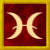 A static icon with a golden border, red textured background, and two light-colored crescent shapes forming an X-like symbol.
