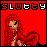 Pixel art of a red-haired figure in a red dress against a solid red background, with 'SLUTTY' text above; left view shows closed eyes, right view shows open blue eyes.