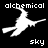Pixelated white witch on broomstick against black background with 'alchemical' and 'sky' text, showing animation frames where the witch's body shifts position.