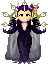 Pixel art character with purple hair and gold crown, wearing dark purple dress and gray cape, in multiple poses with arms raised or lowered.