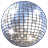 Six circular pixelated disco ball icons arranged in two of three, each with reflective silver and blue facets showing light reflections