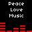 Black background with white text reading Peace Love Music repeated twice, red audio equalizer bars in two showing dynamic changes