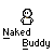 Pixelated character with white body and black outline, wearing a gold collar, displayed in multiple poses above "Naked Buddy" text on gray background.