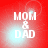 Red background with white text reading "MOM & DAD" in four quadrants, each with a light blue circular glow effect.