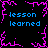 Pixelated icon with black background, blue text, and pink border elements. Four identical text blocks arranged in a pattern