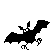 Four black pixelated bat silhouettes on gray background, each with distinct wing and limb positions.