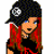 Pixel art contact sheet showing a female character with red hair and punk attire across three frames, wearing a black cap, black top, red plaid pants, and silver accessories.