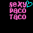 Pixelated text 'seXY PACO TACO' in pink with a cyan heart symbol above the Y on left side, against black background.