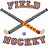 Pixelated icon with crossed hockey sticks, a ball, and text reading FIELD HOCKEY on white background; blue section displays red pixelated text "LMS Field Hockey" and "Don't Let The SKIRTS Fool You! GO LIONS!".