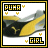 Pixelated Puma Girl icon with yellow and black text, four small yellow symbols, and a blurred shoe image in the background.