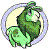 Pixelated circular icon with green and yellow shapes inside a light purple border, resembling abstract foliage or stylized leaves.
