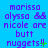 Blue background with repeated purple text reading "marissa alyssa && nicole are butt nuggets!!" and green exclamation marks, displayed in three