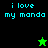 Pixelated text 'i love my mando' in cyan on black and green backgrounds with a small star icon changing color.