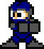 Four pixel-art character poses with blue and gray armor, white and orange eyes, and black outlines on a gray background.