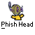 Pixelated buddy icon featuring a stylized head with purple and green patterns, yellow lower body, and raised arm against gray background with "Phish Head" text below.