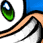 Pixel art of a character's lower body with green shoes, blue shorts, and beige legs against white background.