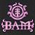 Pixelated pink and purple icon featuring a circular floral or gear-like symbol above stylized text reading "BAM" on a dark background.