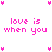 A 4-frame animated contact sheet of a pixel art icon with pink text and symbols on white background, displaying sequential text changes about love and sleep.