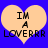Two identical pixelated heart-shaped icons with beige fill and blue background, each containing black text reading "IM A LOVERRR" in stacked lines.
