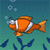 A 4-frame animated contact sheet showing a pixelated orange clownfish with white stripes swimming left to right across an underwater scene with blue seaweed and bubbles.