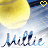 A yellow tennis ball with visible texture appears above the name 'Millie' in blue script, set against a light blue background with subtle white streaks.
