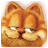 Pixelated orange cat face with closed eyes and a slight smile, rendered in low-resolution 256x256 pixels on white background.