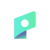 Pixelated graphic with gradient teal-to-green shape and white circular element on gray background.