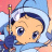 Pixelated anime-style character with blue hair and large eyes, wearing a blue hooded outfit with white trim, holding a staff-like object against a pink background.