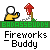 Animated contact sheet showing 15 sequential frames of a pixel art fireworks buddy icon with stick figure, red firework launcher, and explosion effects.