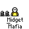 Animated contact sheet of a pixel art character performing various actions with text bubbles and repeated 'Midget Mafia' labels across 18 frames.