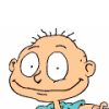 Five cartoon characters with exaggerated features: a bald boy with spiky hair, a boy with orange spiky hair and purple glasses, two toddlers in green overalls, a blonde girl with purple bows, and a girl with dark curly hair and a red flower.