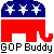 Pixelated elephant icon with blue top section containing three white stars, red body, and gray background, with 'GOP Buddy' text below.