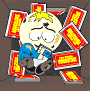Animated cartoon character with yellow hair and blue shirt surrounded by red-and-yellow signs, showing two distinct facial expressions.