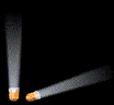 Animated sequence of orange-tipped projectiles emitting gray smoke trails against a black background, shown in multiple orientations.