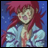 Pixelated anime-style character with pink hair and light blue jacket against blue background, next to black with white text