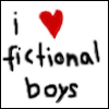 A static square image with a white background displays the text "i ❤️ fictional boys" in black handwritten-style font, with a red heart symbol replacing the word "love".