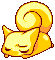 Pixel art animation of a yellow cartoon squirrel with closed eyes and curled tail in three sequential frames showing slight pose shifts.