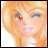 Pixelated anime-style character with blonde hair and blue eyes, winking with one eye closed, against a black background with white text.
