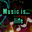 Pixelated image with teal text reading "Music is... life" over a dark background featuring colorful abstract shapes and musical notes.