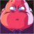 A pixelated red figure with wide eyes and a small mouth, set against a dark background.