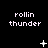 Pixelated text 'rollin thunder' appears above three of white symbols on a black background, with symbols changing
