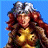 Pixelated character with long red hair and silver helmet, wearing golden armor against blue background.