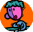 Animated cartoon character with pink face and purple hair leans on green railing, transitioning from orange background to cityscape view.